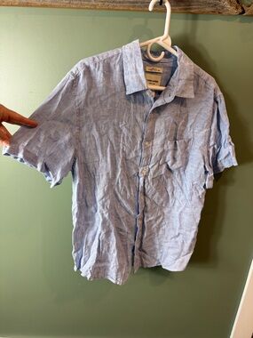 NEW THOM AARON SZ L Men's 100% Linen/European Flax Light Blue Short Sleeve Shirt